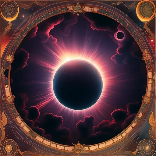 Prompt: <mymodel>Total eclipse with dramatic moon blocking sun, vibrant colors, surreal atmosphere, high quality, digital painting, cosmic, intense shadows, eerie lighting, detailed corona, high contrast, eerie lighting, dramatic silhouette, astrological chart