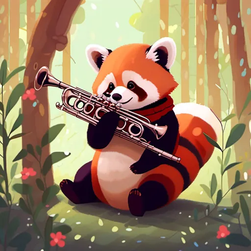 Prompt: <mymodel> red panda playing a clarinet, let's give the red panda some sunglasses and a musicians hat, let's add some music notes to the red panda playing the clarinet, add a pharret playing bass next to the red panda