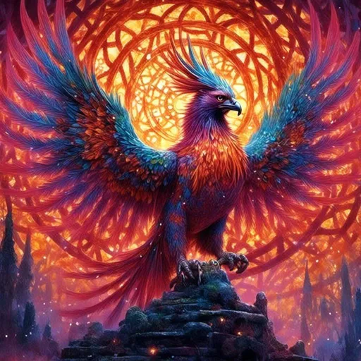 Prompt: Beautiful Phoenix, vibrant fea<mymodel>thers with fiery hues, majestic wingspan, mythical creature, mystical and enchanting, high quality, detailed illustration, fantasy, vibrant colors, ethereal lighting