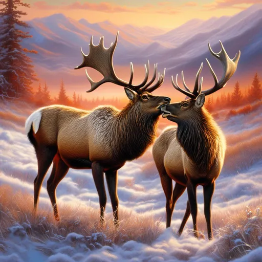 Prompt: <mymodel>Majestic 5-point elk with mate in luscious field, vibrant natural colors, high resolution, detailed antlers, detailed fur, realistic lighting, snowy mountain tops, serene landscape, professional quality, detailed eyes, detailed mate, tranquil atmosphere, detailed mate's fur, vibrant atmosphere