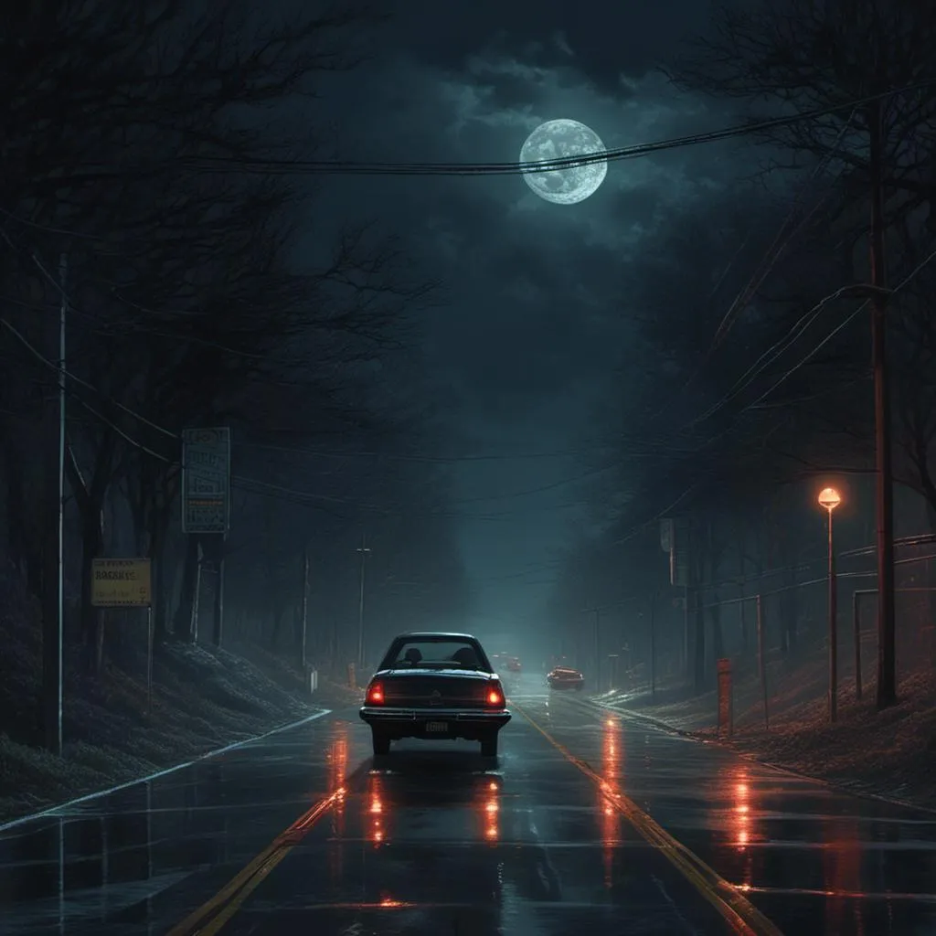 Prompt: Dark, 2 lane road, car, deer, caution, nighttime, moonlit, eerie atm<mymodel>osphere, realistic style, intense, mysterious, moody lighting, high quality, detailed, cautionary, tense, suspenseful