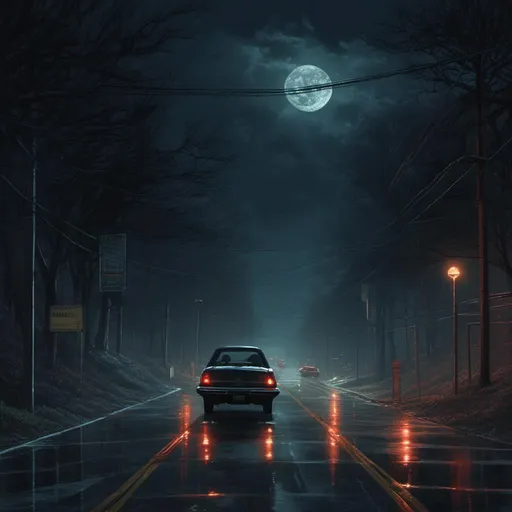 Prompt: Dark, 2 lane road, car, deer, caution, nighttime, moonlit, eerie atm<mymodel>osphere, realistic style, intense, mysterious, moody lighting, high quality, detailed, cautionary, tense, suspenseful