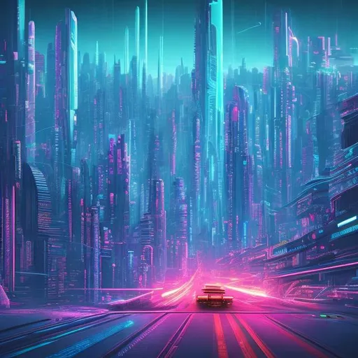 Prompt: Mind-blowing futuristic cityscape, ultra-HD digital art, neon cyberpunk skyline, mind-bending architecture, surreal colors, high-tech holographic interfaces, futuristic vehicles, intense and vibrant lighting, sci-fi, cyberpunk, futuristic, neon, surreal, mind-bending, ultra-HD, digital art, vibrant colors, holographic interfaces, intense lighting, cityscape