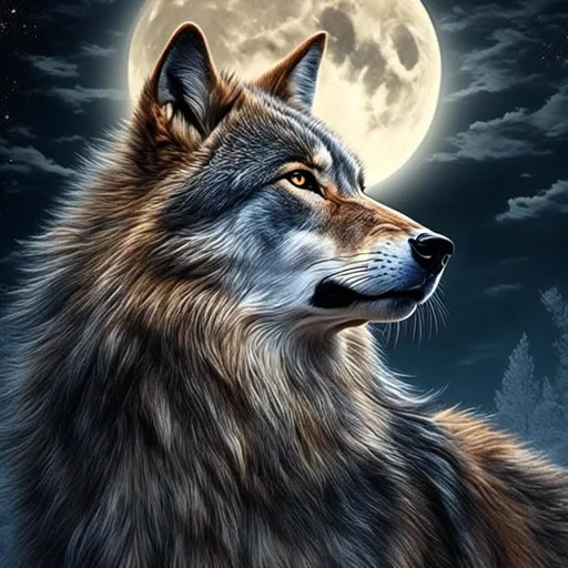 Prompt: <mymodel>4k, ultra-detailed, digital painting, beautiful wolf howling at full moon, longing for lost love, detailed fur with moonlight reflections, intense and sorrowful gaze, mystical and emotional, moonlit night, bright moon casting ethereal glow, atmospheric lighting, emotional, romantic, longing, digital painting, detailed eyes, moonlit fur, professional