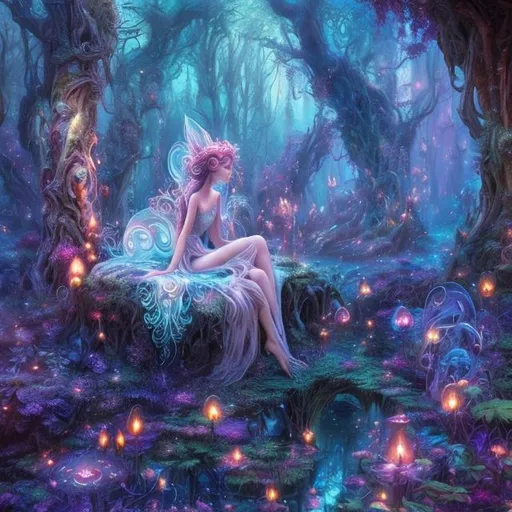 Prompt: Vibrant fantasy artwork featuring a mesmerizing magical forest, ethereal glow, enchanting fairy creatures, surreal and dreamlike ambiance, mystical aura, high-resolution, detailed fantasy, vibrant colors, magical lighting, whimsical, fantasy art, enchanting, otherworldly, mesmerizing, vibrant, dreamy, surreal, fairy creatures, ethereal glow, magical forest, highres, detailed, fantasy