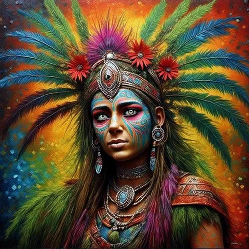 Prompt: <mymodel>Quetzal resting on the shoulder of the Aztec goddess of war, oil painting, vibrant feathers, intricate headdress, ancient civilization, mythical creature, detailed facial features, majestic presence, high quality, vibrant colors, Aztec art, divine aura, traditional medium, surreal lighting