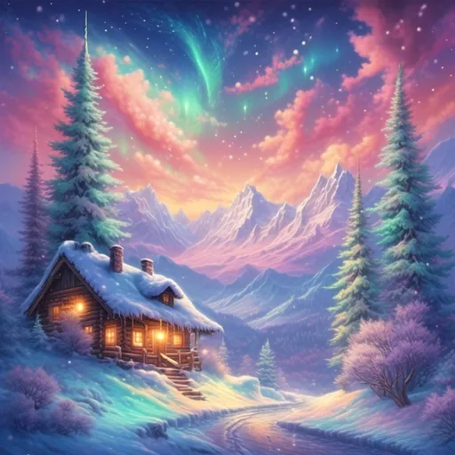 Prompt: <mymodel>Enchanting winter landscape with snow-covered trees, sparkling snowflakes, majestic snow-capped mountains, cozy cabin with warm glow, magical aurora borealis, highres, ultra-detailed, fantasy, cool tones, ethereal lighting, snowy night, serene atmosphere