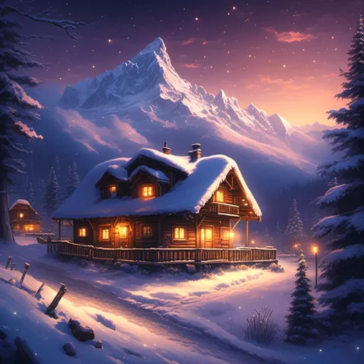 Prompt: Magical snowy night, illuminated by moonlight<mymodel>, enchanting winter landscape, majestic snow-capped mountains, cozy cabin with warm glow, sparkling snowflakes, mystical atmosphere, high quality, snowy landscape, moonlit, cozy cabin, magical, enchanting, snowy night, majestic mountains, sparkling snow, mystical, atmospheric lighting