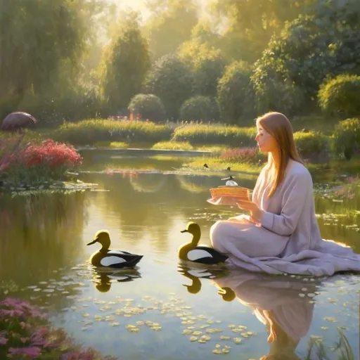 Prompt: Woman feeding ducks by pond, oil painting, peaceful setting, high quality, realistic, serene atmosphere, natural lighting, detailed facial features, tranquil colors, warm tones, serene, peaceful, detailed wildlife, scenic landscape, blanket by pond, calm and tranquil, realistic oil painting, natural light, ducks in pond, woman relaxing, peaceful outdoor scene, more of a magical day setting 