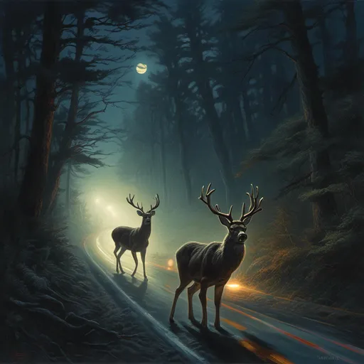 Prompt: <mymodel>Dark, 2-lane road, car, deer, caution, nighttime, dramatic lighting, eerie atmosphere, realistic style, high quality, intense, wildlife, nocturnal, detailed vehicle, moonlit, forested surroundings, suspenseful, wildlife hazard, realistic lighting, high beams, forest silhouette, cautious driving, wildlife encounter, detailed shadows
