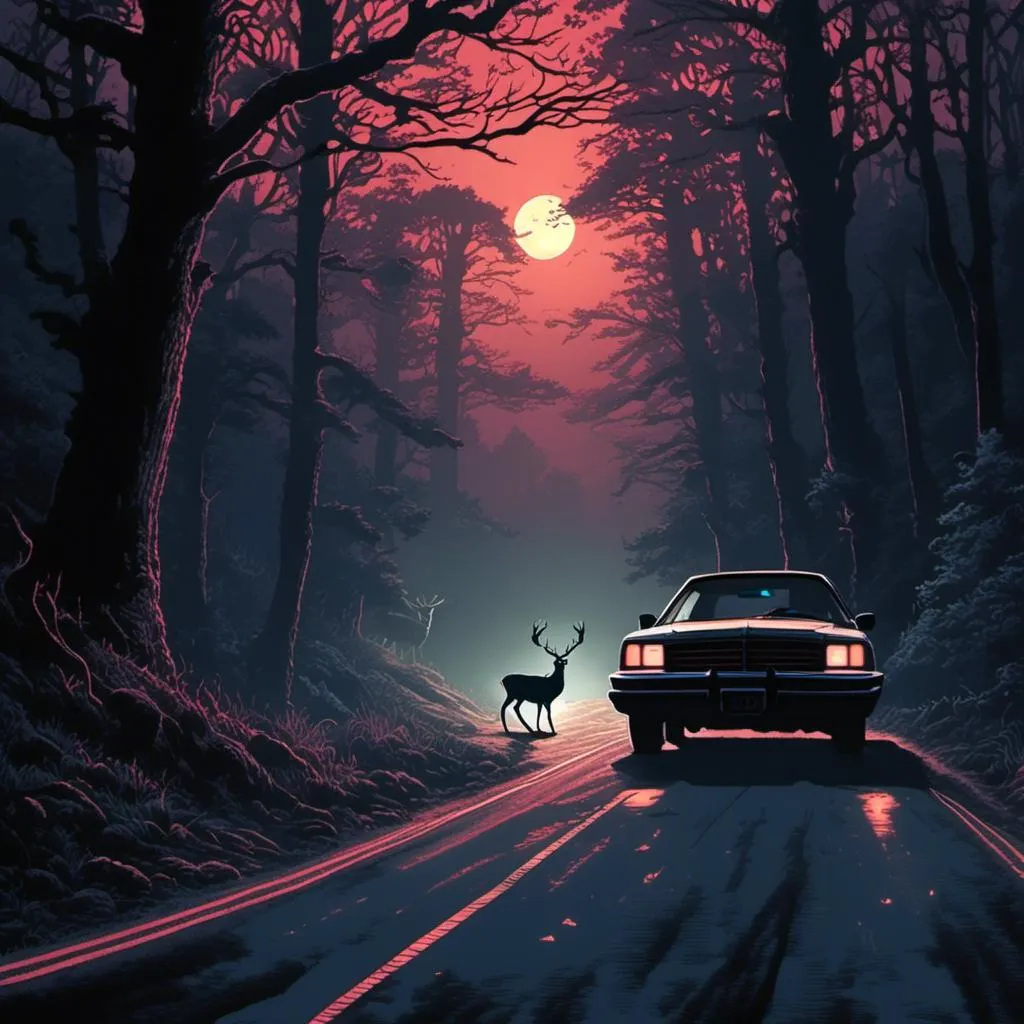 Prompt: <mymodel>Dark, 2-lane road, car, deer, caution, nighttime, dramatic lighting, eerie atmosphere, realistic style, high quality, intense, wildlife, nocturnal, detailed vehicle, moonlit, forested surroundings, suspenseful, wildlife hazard, realistic lighting, high beams, forest silhouette, cautious driving, wildlife encounter, detailed shadows