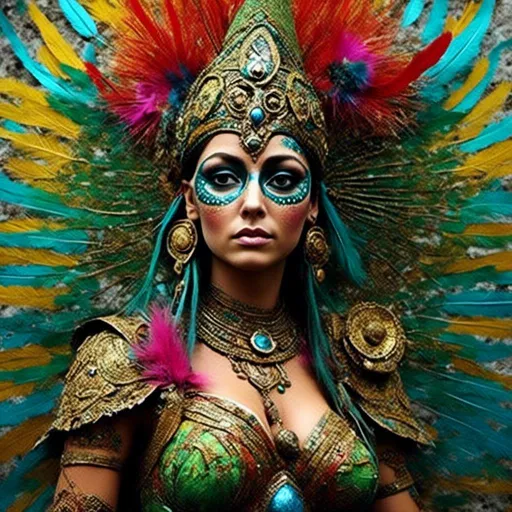 Prompt: Quetzal perched on the shoulder of the Aztec goddess of war<mymodel>, vibrant feathers, golden armor, ancient mythology, mythical creature, detailed plumage, majestic headdress, intense gaze, high-quality, mythical, vibrant colors, detailed feathers, ancient civilization, regal, atmospheric lighting