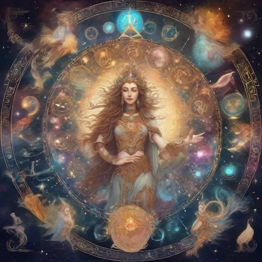 Prompt: Goddess of life surrounded by defined astrological signs, intricate details, mystical and ethereal, high quality, digital art, cosmic color palette, soft and magical lighting, detailed zodiac symbols, goddess at the center, vibrant and enchanting, celestial background, astrology, mystical, defined astrological signs, intricate details, cosmic color palette, digital art, high quality, soft lighting, ethereal, magical, vibrant, celestial, detailed zodiac symbols