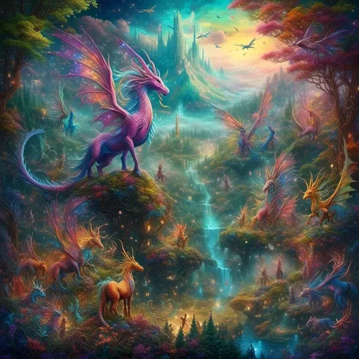 Prompt: <mymodel>Enchanting fantasy landscape with mythical creatures, vibrant and magical, high resolution, digital painting, ethereal and whimsical, majestic dragons flying in the sky, mystical unicorns grazing in meadows, shimmering fairy folk dancing in the forest, detailed flora and fauna, fantasy, magical, highres, digital painting, vibrant colors, mythical creatures, enchanting atmosphere, whimsical, majestic dragons, mystical unicorns, shimmering fairy folk, detailed scenery, ethereal lighting