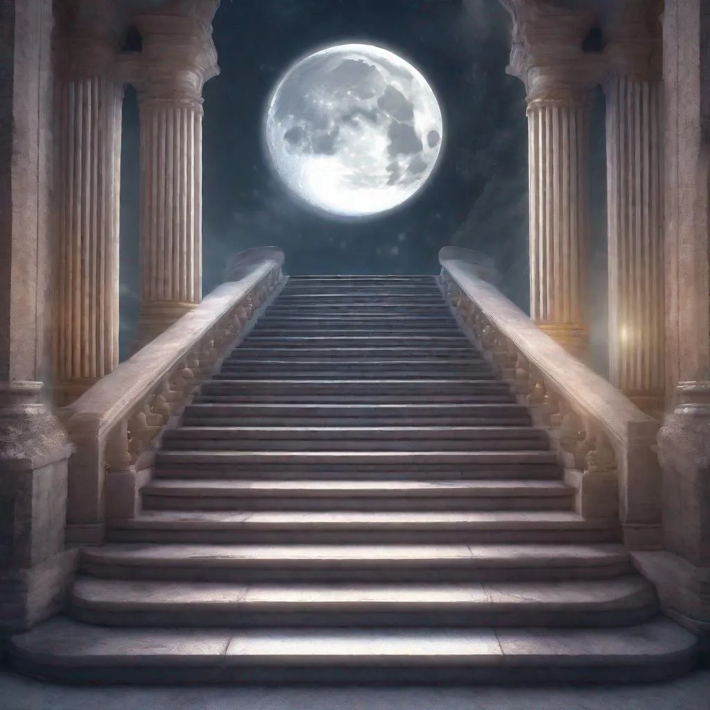 Prompt: Stunning 3D rendering of a grand stairway leading to the luminous moon, ethereal and dreamlike, moonlit fantasy scene, detailed moon surface, mystical atmosphere, high quality, 3D rendering, fantasy, moonlit, ethereal, dreamlike, grand stairway, detailed moon, mystical, atmospheric lighting