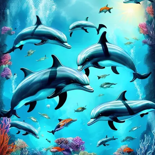 Prompt: Dolphins in vibrant underwater paradise, high quality, digital painting, crystal clear water, playful and graceful movements, tropical marine life, vivid colors, realistic details, dynamic composition, marine, vibrant tones, underwater, digital painting, high quality, playful movements, vivid colors, dynamic composition