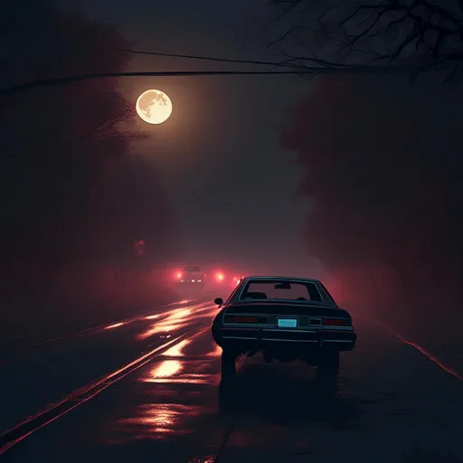 Prompt: Dark, 2 lane road, car, deer, caution, nighttime, moonlit, eerie atm<mymodel>osphere, realistic style, intense, mysterious, moody lighting, high quality, detailed, cautionary, tense, suspenseful