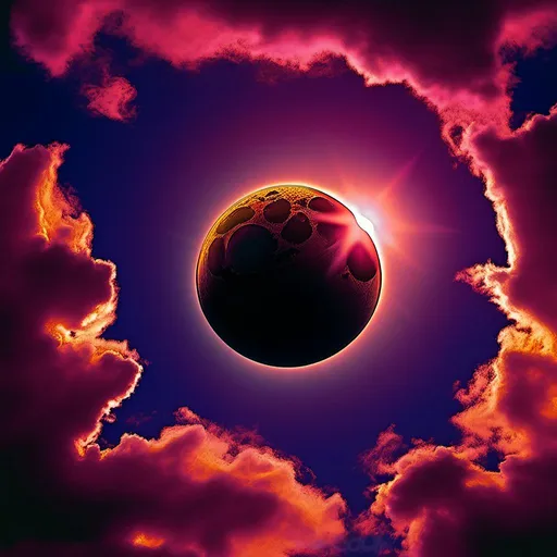 Prompt: Total eclipse with dramatic moon blocking sun, vibrant colors, surreal atmosphere, high quality, digital painting, cosmic, intense shadows, eerie lighting, detailed corona, high contrast, dramatic silhouette, astrological chart, surreal, vibrant colors, cosmic, digital painting, deta<mymodel>iled corona, high quality, intense shadows, eerie lighting, high contrast, dramatic silhouette, astrological chart