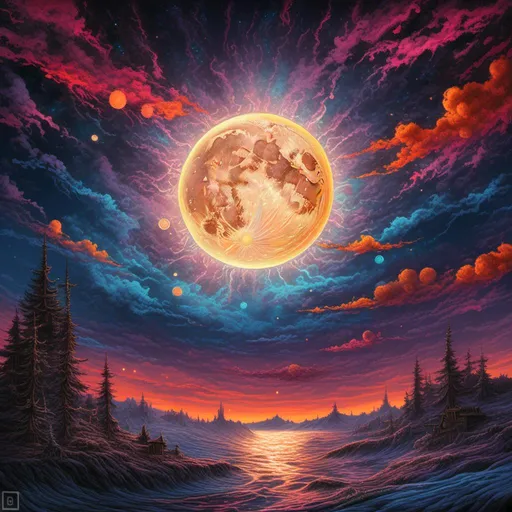Prompt: <mymodel>Total eclipse with dramatic moon blocking sun, vibrant colors, surreal atmosphere, high quality, digital painting, cosmic, intense shadows, eerie lighting, detailed corona, high contrast, dramatic silhouette, astrological chart, surreal, cosmic, vibrant colors, highres, ultra-detailed, digital painting, intense shadows, eerie lighting, dramatic, detailed, astrological chart, high contrast