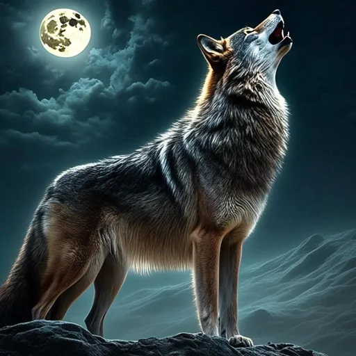 Prompt: <mymodel>Beautiful wolf howling at the full moon, detailed fur with ethereal glow, longing expression, mystical atmosphere, high quality, fantasy, detailed eyes, surreal, moonlit, emotional, haunting, cool tones, atmospheric lighting