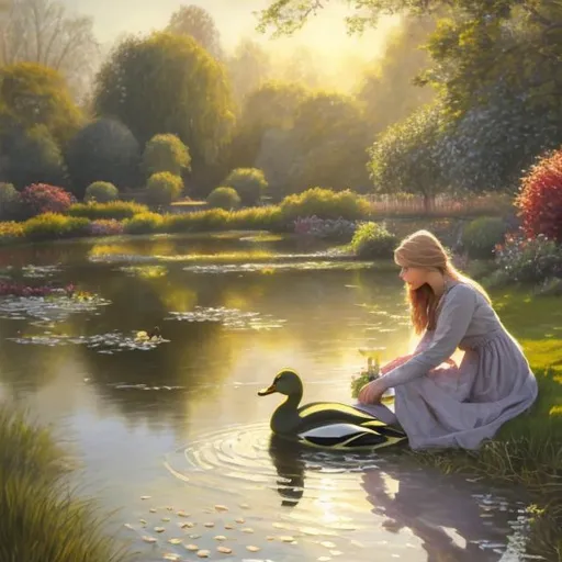 Prompt: Woman feeding ducks by pond, oil painting, peaceful setting, high quality, realistic, serene atmosphere, natural lighting, detailed facial features, tranquil colors, warm tones, serene, peaceful, detailed wildlife, scenic landscape, blanket by pond, calm and tranquil, realistic oil painting, natural light, ducks in pond, woman relaxing, peaceful outdoor scene, more of a magical day setting 