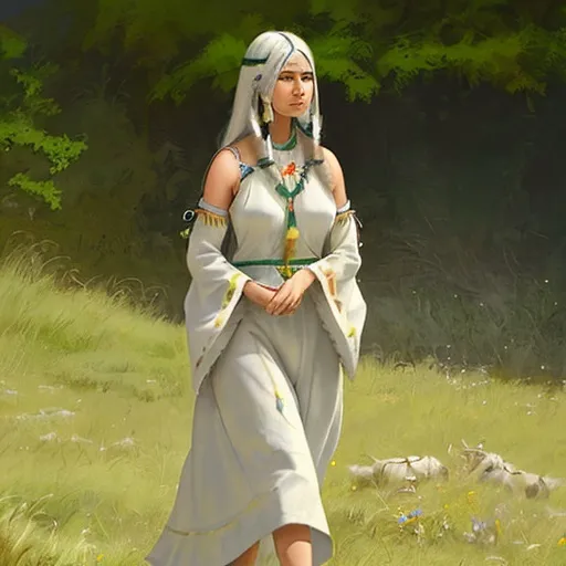 Prompt: White buffalo calf, native American woman in a white buckskin dress, green grass with wildflowers, detailed native American facial features, high quality, realistic oil painting, natural lighting, serene atmosphere, traditional dress, detailed fur texture, realistic colors, peaceful setting, woman walking alongside buffalo calf, detailed eyes, traditional, serene lighting, greenery, natural colors, detailed flowers