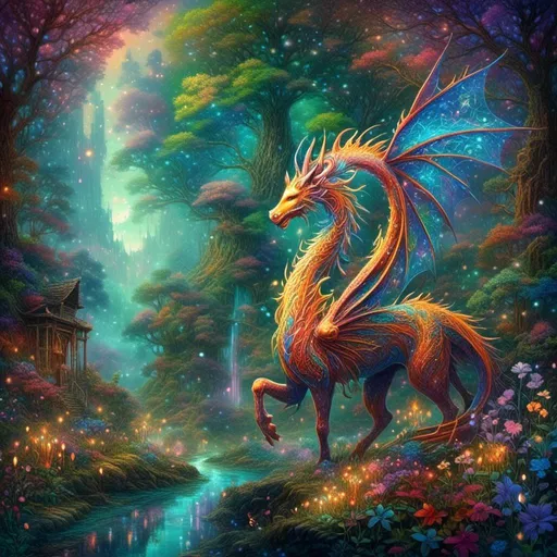 Prompt: <mymodel>Enchanting fantasy landscape with mythical creatures, vibrant and magical, high resolution, digital painting, ethereal and whimsical, majestic dragons flying in the sky, mystical unicorns grazing in meadows, shimmering fairy folk dancing in the forest, detailed flora and fauna, fantasy, magical, highres, digital painting, vibrant colors, mythical creatures, enchanting atmosphere, whimsical, majestic dragons, mystical unicorns, shimmering fairy folk, detailed scenery, ethereal lighting