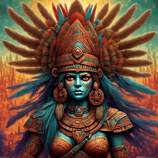 Prompt: Aztec goddess of war, traditional illustration, ornate headdress, fierce expression, warrior attire, ancient civilization, intricate patterns, high quality, detailed, traditional art style, vibrant colors, dramatic lighting<mymodel>