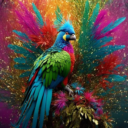 Prompt: Vibrant<mymodel> 3D rendering of a majestic Quetzal bird, lush tropical rainforest backdrop, iridescent feathers with shimmering hues, intricate details on plumage, high definition, realistic, tropical, 3D rendering, vibrant colors, detailed feathers, lush foliage, natural lighting