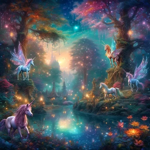 Prompt: Enchanting landscape with mythical creatures, digital illustration, v<mymodel>ibrant colors, magical forest, majestic unicorns, graceful fairies dancing in the moonlight, shimmering pond with water nymphs, whimsical atmosphere, high quality, fantasy, vibrant colors, detailed magical creatures, ethereal lighting