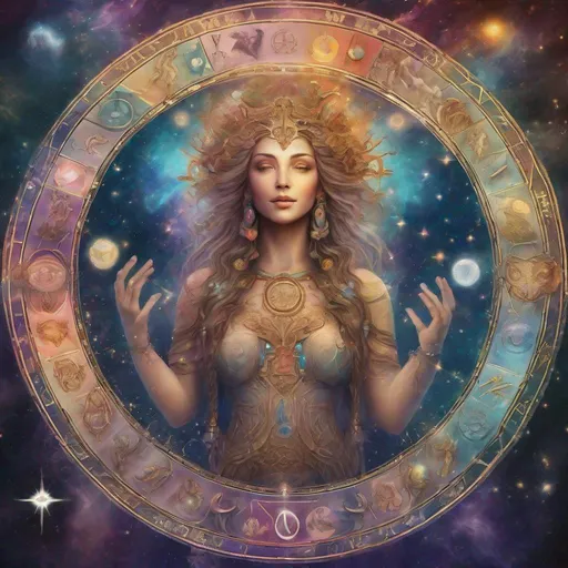 Prompt: Goddess of life surrounded by defined astrological signs, intricate details, mystical and ethereal, high quality, digital art, cosmic color palette, soft and magical lighting, detailed zodiac symbols, goddess at the center, vibrant and enchanting, celestial background, astrology, mystical, defined astrological signs, intricate details, cosmic color palette, digital art, high quality, soft lighting, ethereal, magical, vibrant, celestial, detailed zodiac symbols