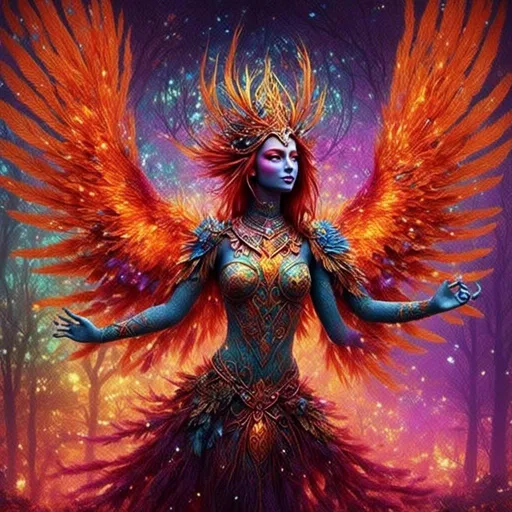 Prompt: <mymodel>Beautiful phoenix, vibrant feathers, majestic wingspan, mythical creature, high quality, digital art, fantasy, fiery tones, ethereal lighting