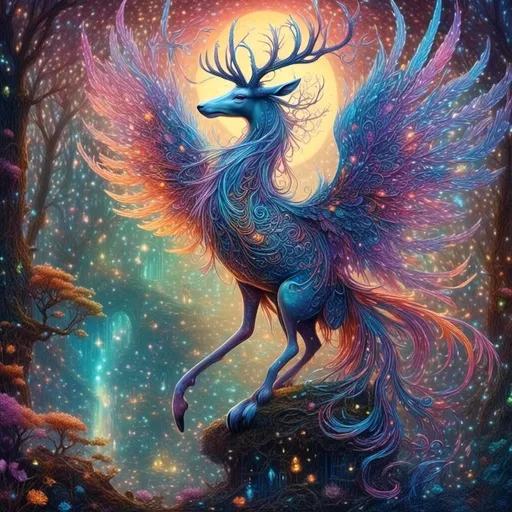 Prompt: Enchanting illustration of mythical creatures in a magical land, vibr<mymodel>ant and ethereal, fantasy art, detailed and fantastical creatures, mystical and dreamy atmosphere, high quality, fantasy, mythical creatures, vibrant colors, ethereal lighting, detailed landscape