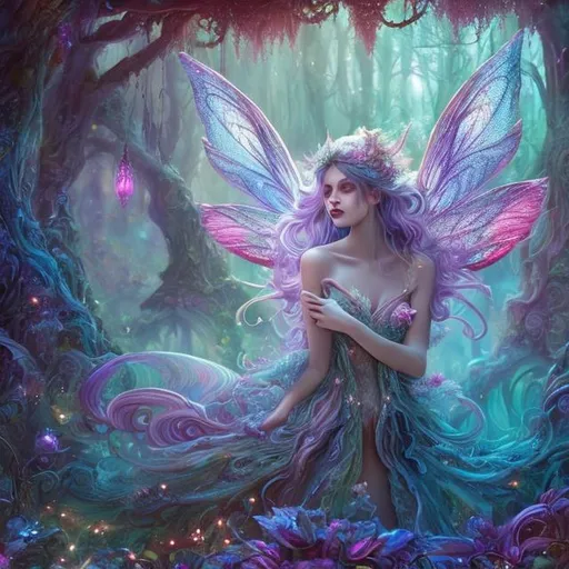 Prompt: Vibrant fantasy artwork featuring a mesmerizing magical forest, ethereal glow, enchanting fairy creatures, surreal and dreamlike ambiance, mystical aura, high-resolution, detailed fantasy, vibrant colors, magical lighting, whimsical, fantasy art, enchanting, otherworldly, mesmerizing, vibrant, dreamy, surreal, fairy creatures, ethereal glow, magical forest, highres, detailed, fantasy