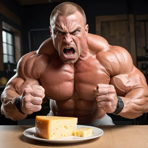 Prompt: A large, muscular bodybuilder with an angry expression, pointing aggressively at a piece of cheese on a plate, as if demanding you to eat it