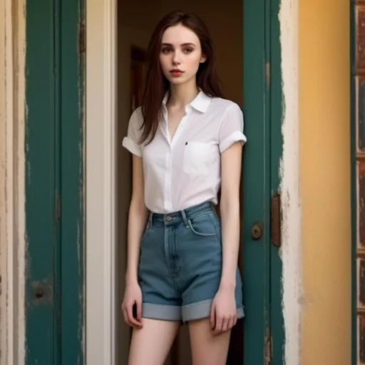 Prompt: <mymodel> standing in the doorway with a tight fitting white shirt and shapely legs