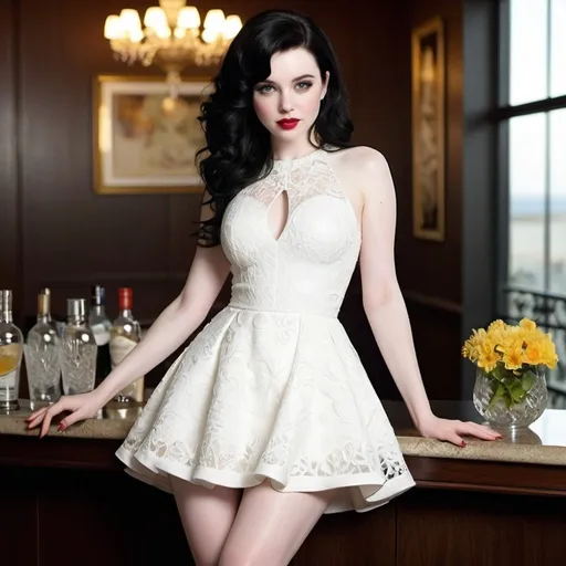 Prompt: Beautiful, extremely attractive, pale skin, black hair, captivating, white cocktail dress, shapely legs