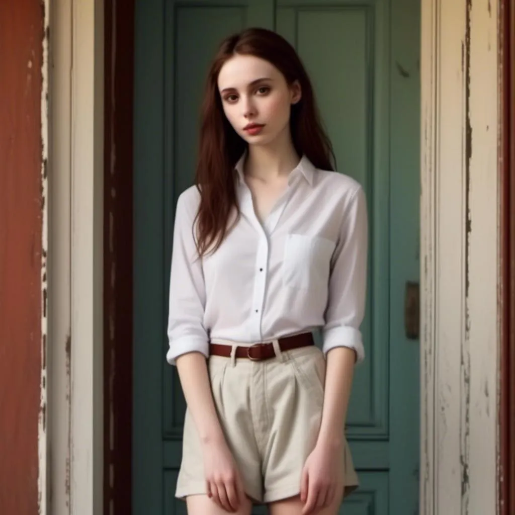 Prompt: <mymodel> standing in the doorway with attractive figure, tight fitting white shirt and shapely legs