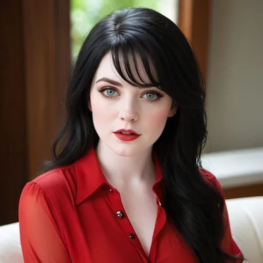 Prompt: Beautiful, extremely attractive, pale skin, black hair, captivating, red blouse opened to the 2nd button