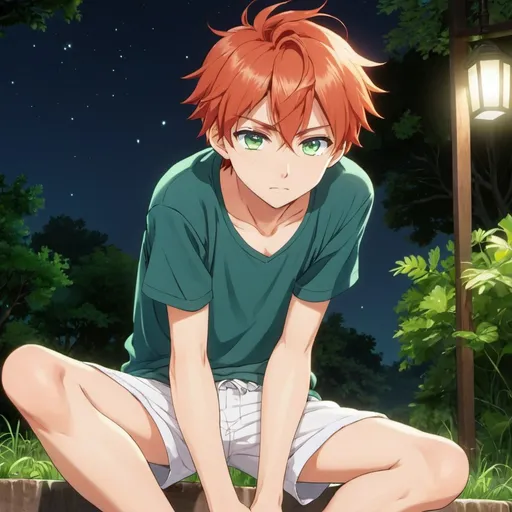 Prompt: A anime boy with light red hair and green eyes, wearing a blue shirt and white shorts, barefoot, night, manipulating.