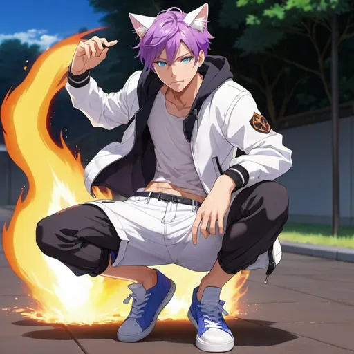 Prompt: A anime man with purple hair and blue eyes, he has fire powers, and has cat ears, he wears nothing but white shorts and a jacket, he is sweating, handsome, and hot. He is barefoot.