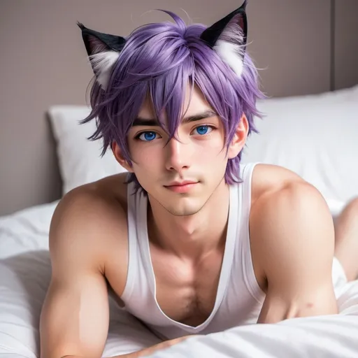 Prompt: A anime man with purple hair and blue eyes, and has cat ears, he wears nothing but white t-string, he is sweating, handsome, and hot. He wears no shoes, and is blushing, and a flirty smirk. Cute, laying in bed.