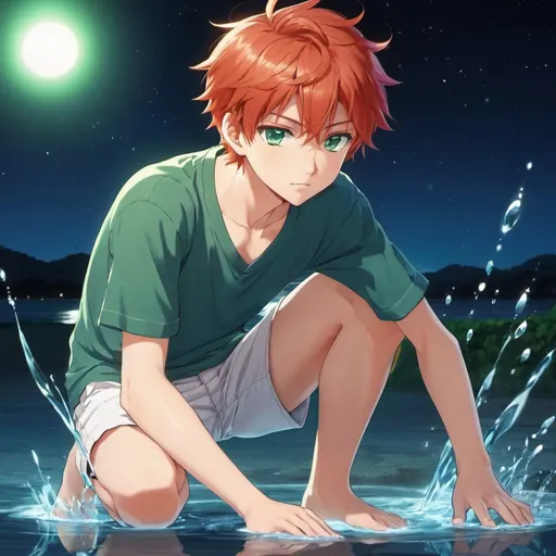 Prompt: A anime boy with light red hair and green eyes, wearing a blue shirt and white shorts, barefoot, night, manipulating water.