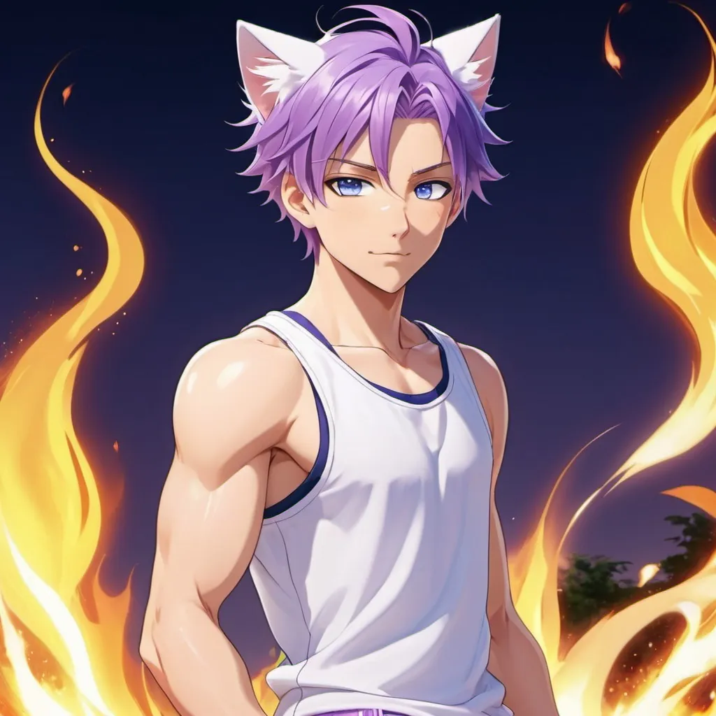 A anime man with purple hair and blue eyes, he has f