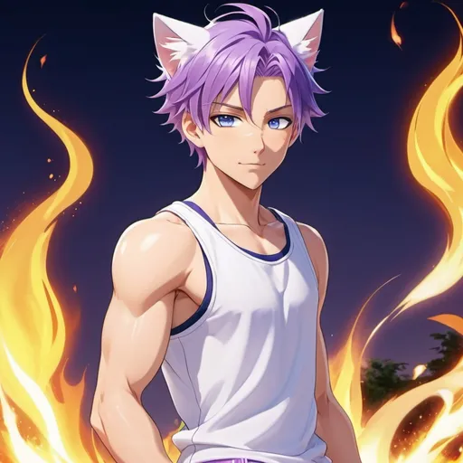 Prompt: A anime man with purple hair and blue eyes, he has fire powers, and has cat ears, he wears nothing but white shorts, he is sweating, handsome, and hot. He wears no shoe, and is blushing, and a flirty smirk. Cute