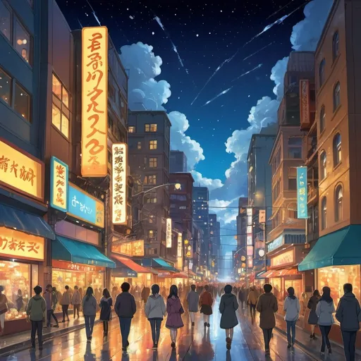 Prompt: (Anime style) vibrant city scene, (evening) bustling pedestrians, illuminated buildings, diverse shops and storefronts, warm golden glow from lights, dynamic atmosphere, people engaged in conversations, excitement and energy in the air, reflections on wet pavement, vivid colors, (ultra-detailed) presents a lively urban setting reinvigorated by nightlife, intricate backgrounds with fluffy clouds, starry night sky.