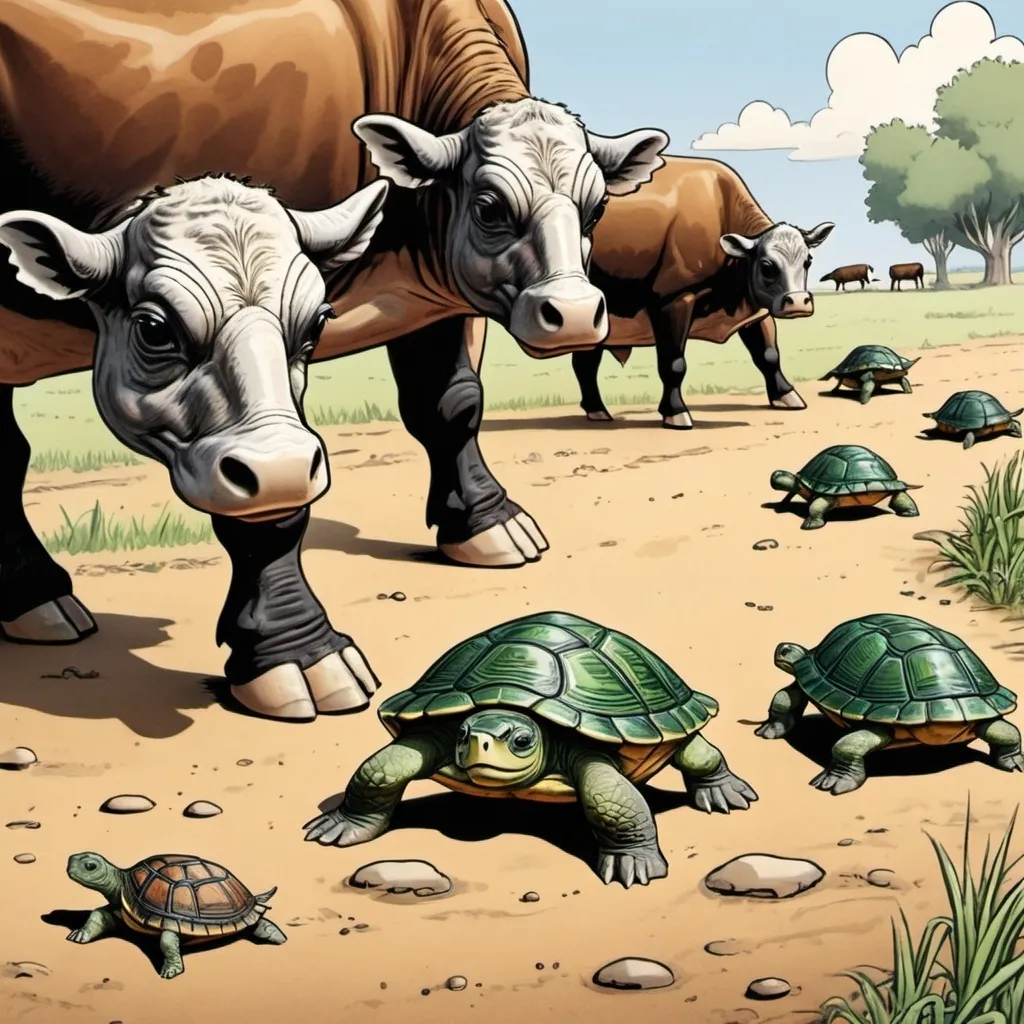 Prompt: a cartoon of turtles under the feet of cattle
