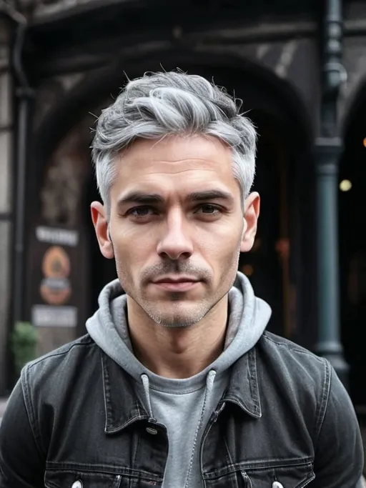 Prompt: a gray hair man on standing with old city background, gray jeans, advertising style, vibrant colours