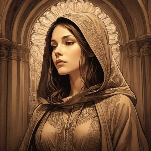 Prompt: sepia tone, lineart, female monk wearing hooded robes standing inside of a dark cathedral, high contrast