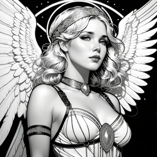 Prompt: line art, black and white, female with light hair and angel wings, full figure, white background, studded leather, choker, wet hair, short braided hair, freckles, dramatic stare